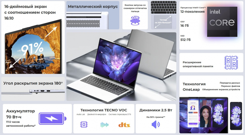 TECNO представила 16-дюймовый ноутбук MEGABOOK K16 на базе Intel Alder Lake