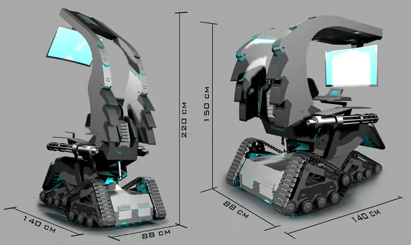 Представлено компьютерное рабочее место на гусеницах с парой пулемётов Гатлинга и изменяемой конфигурацией кресла